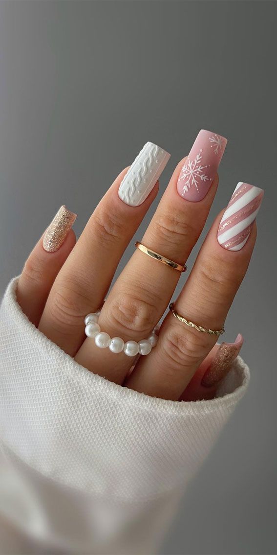 White Pink Rose Gold Glitter Visual Idea — Christmas Sweater Nails 2026