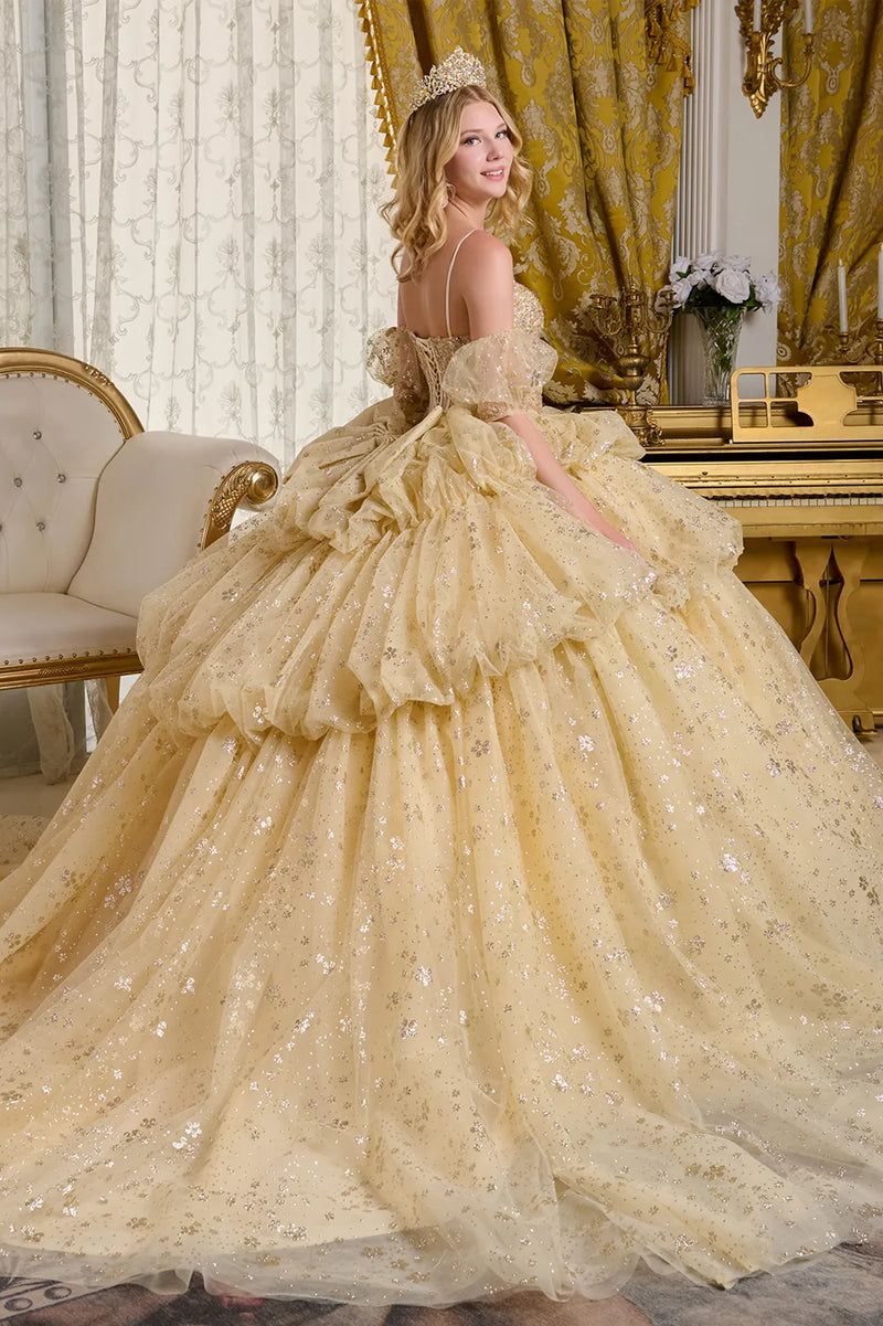 Sparkling Champagne Ball Gown with Detachable Puff Sleeves — Champagne Quinceanera Dress 2027