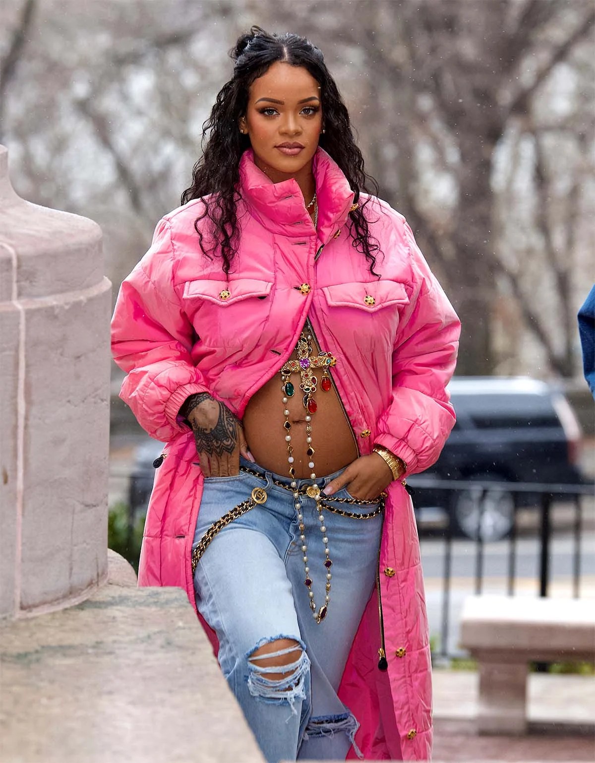 Oversized Pink Puffer Coat with Ripped Jeans Oversized Pink Puffer Coat with Ripped Jeans — Gender Reveal Outfits 2027