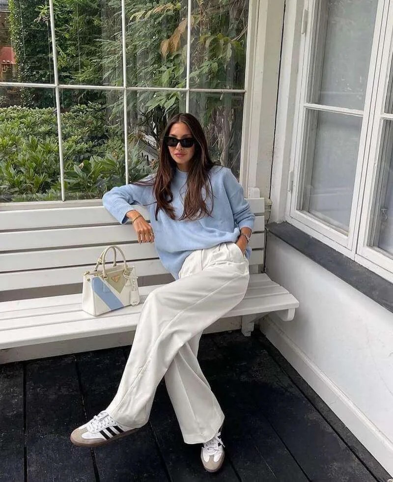 Light Blue Sweater and Wide-Leg Pants with Grey Adidas Samba Light Blue Sweater and Wide-Leg Pants with Grey Adidas Samba — Adidas Samba Spring Outfits 2027