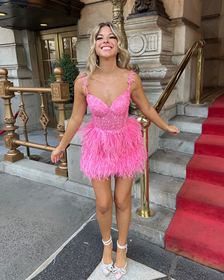 Playful Bright Pink Mini Dress with Feather Trim for a Valentine's Party — Pink Valentines Outfits 2027
