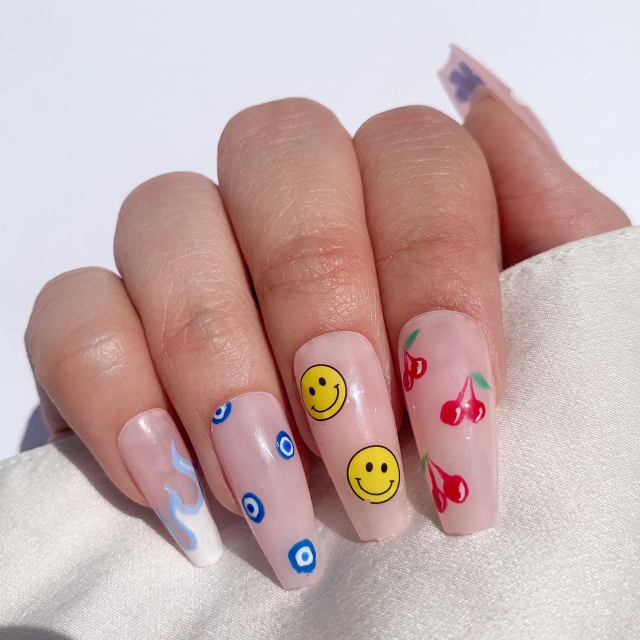 Sheer Pink Long Coffin Mixed Icons Sheer Pink Long Coffin Mixed Icons — Smiley Face Coffin Nails 2027