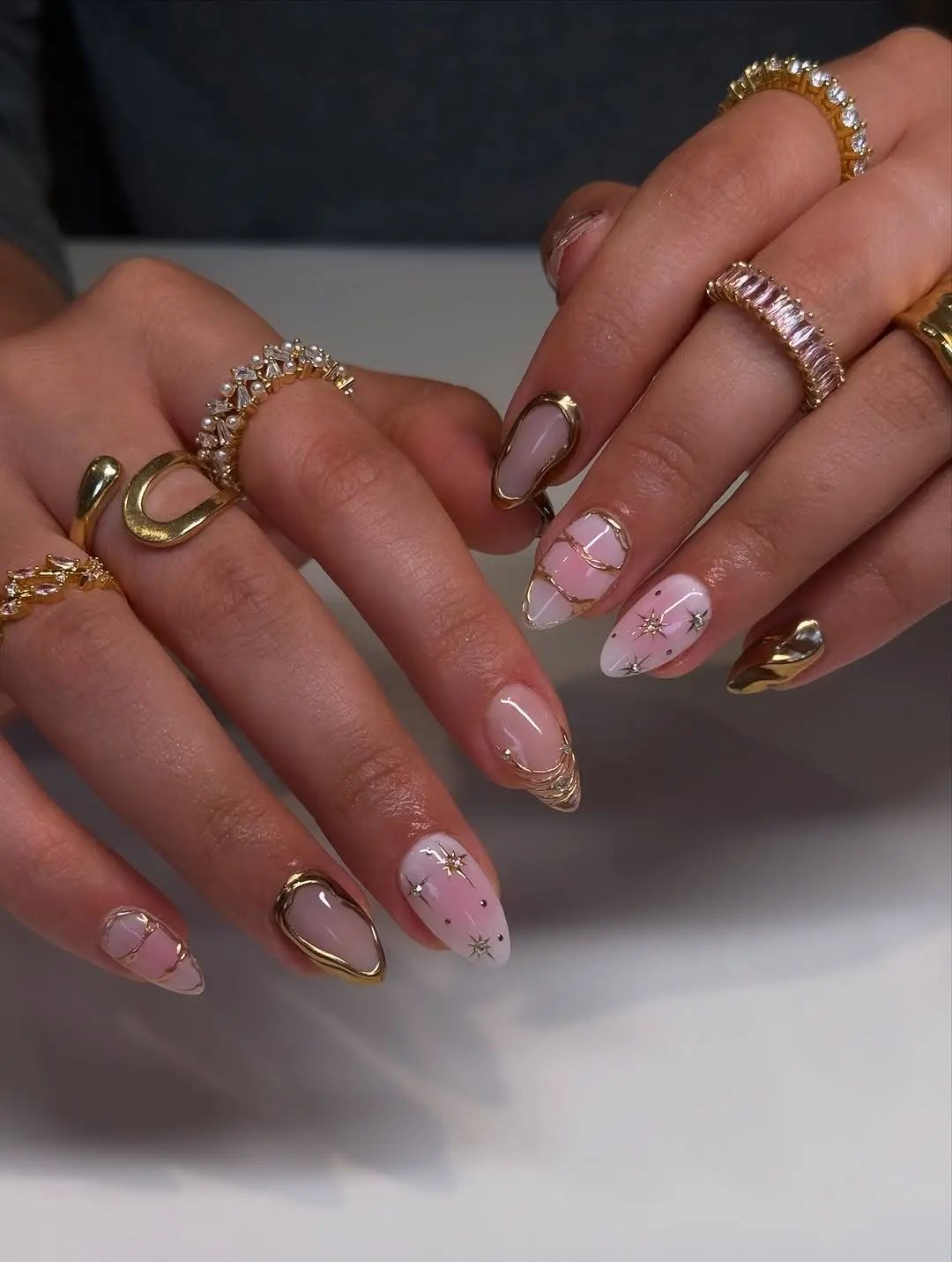 Gold Stars and Lines on Pink Gradient Gold Stars and Lines on Pink Gradient — Gold Birthday Nails 2027