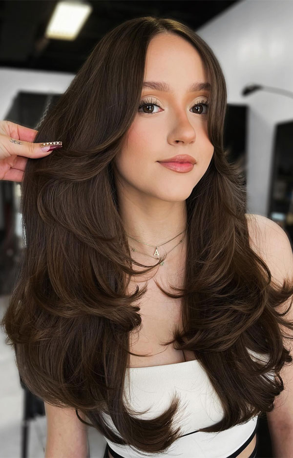 Mid-Back Blowout With Face-Framing Layers Mid-Back Blowout With Face-Framing Layers — Dark Brown Hair 2027