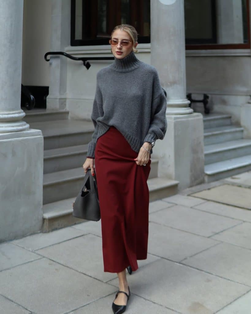 Sophisticated Grey Knit and Burgundy Satin Skirt Sophisticated Grey Knit and Burgundy Satin Skirt — Winter Outfits 2027 for Work