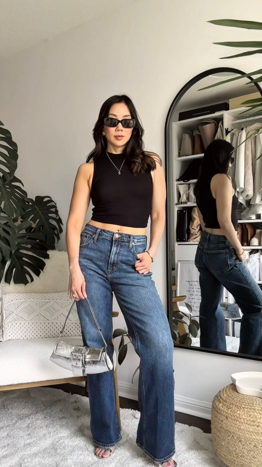 Blue Bootcut Jeans with Black Crop Top and Metallic Accessories Blue Bootcut Jeans with Black Crop Top and Metallic Accessories — Bootcut Jeans Outfits 2027 with Tank Top