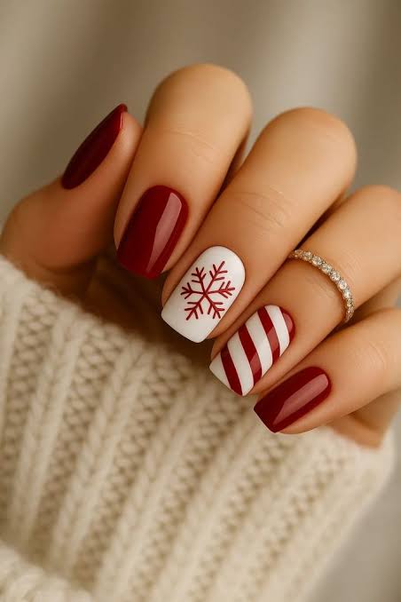 Deep Red with Bold Snowflake and Stripes — Short Christmas Nails 2026