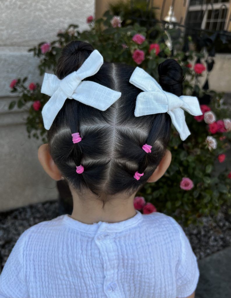 Black Double Buns White Fabric Bows — Ribbons Little Girl Hairstyles 2027