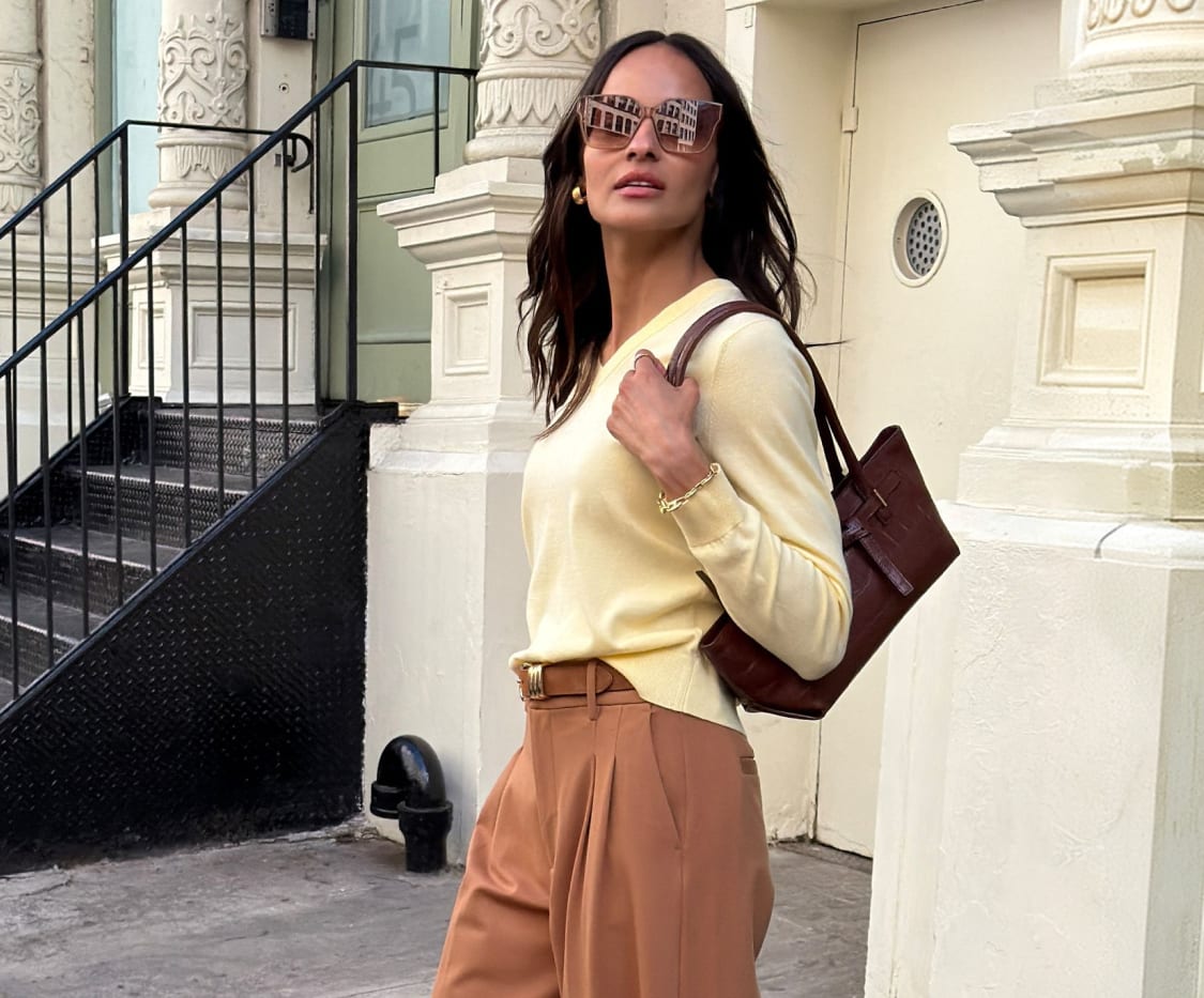 Pale Yellow Sweater with High-Waisted Brown Trousers — Tall Women Outfits 2027