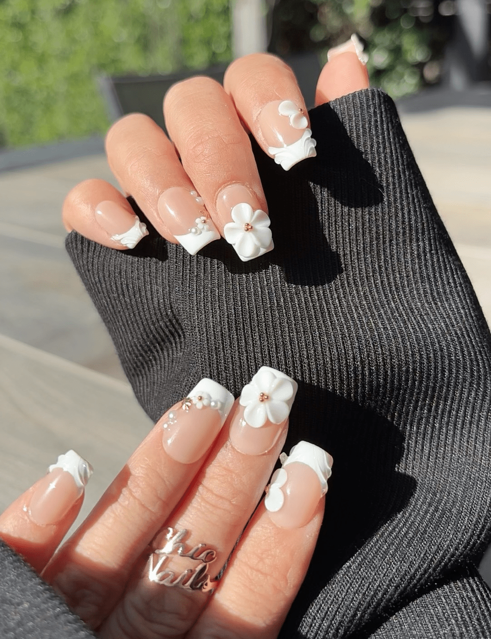 Short Square French with 3D Floral and Pearl Accents Short Square French with 3D Floral and Pearl Accents — Wedding Square Nails 2027