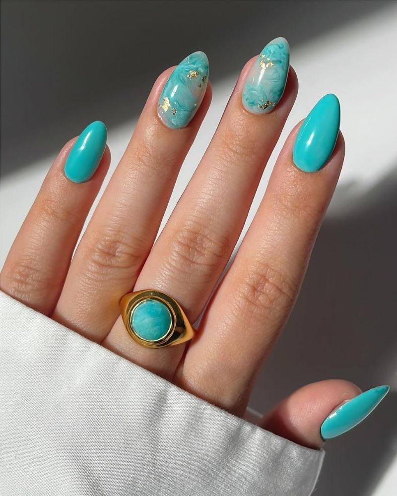 Turquoise Marble with Gold Foil Nails — Turquoise Nails 2027