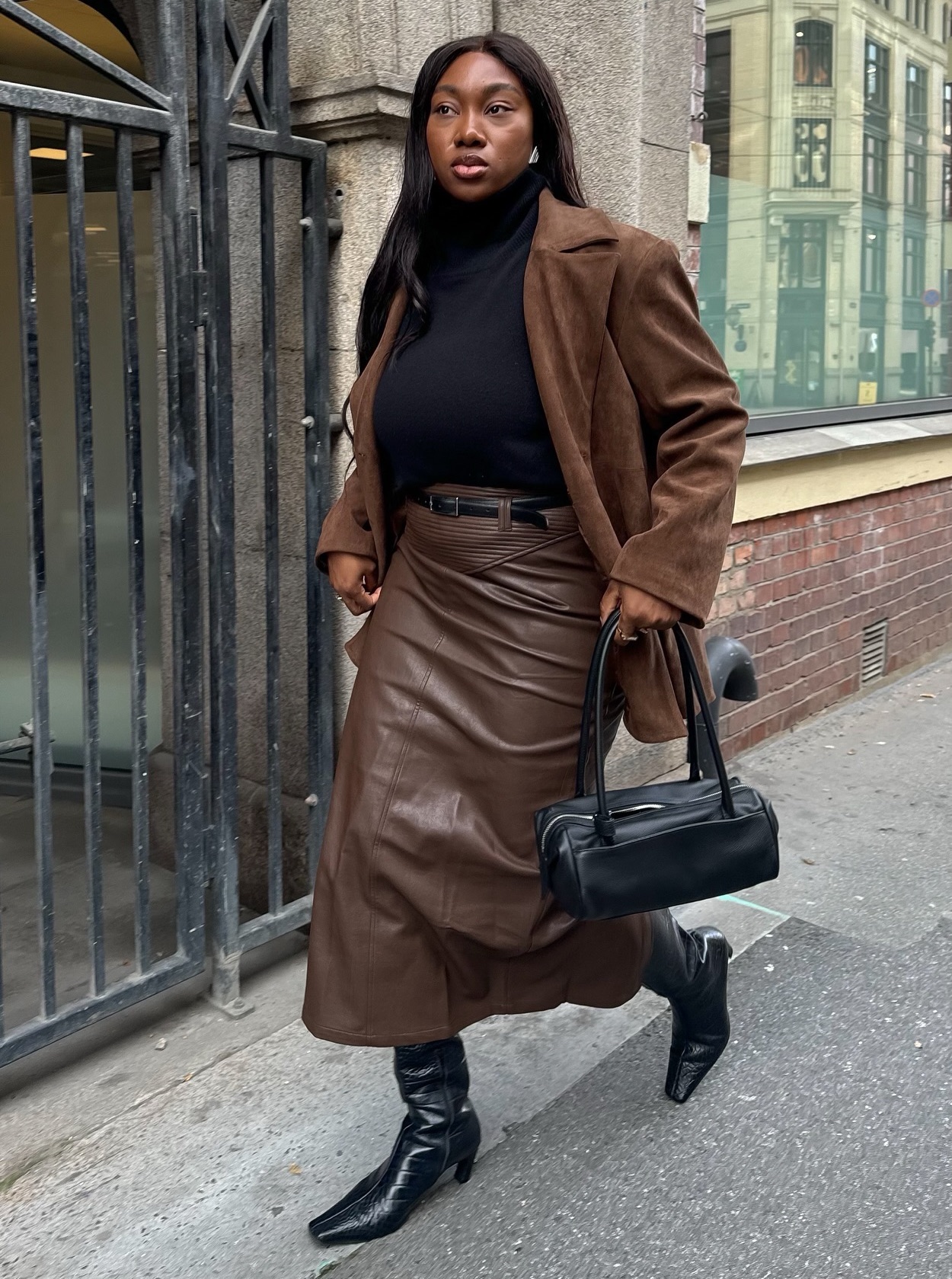 Sophisticated Fall Ensemble with a Leather Wrap Midi Skirt — Midi Skirts 2027