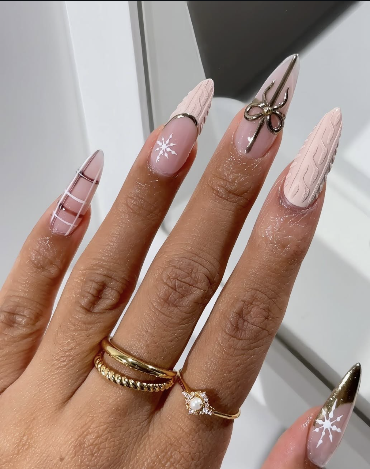 Textured Knit Stiletto with Plaid Accents — Long Christmas Nails 2026