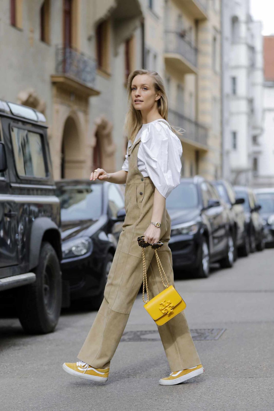 Tan Suede Wide-Leg Overalls with a White Puff-Sleeve Top and Yellow Accents Tan Suede Wide-Leg Overalls with a White Puff-Sleeve Top and Yellow Accents — Overalls 2027