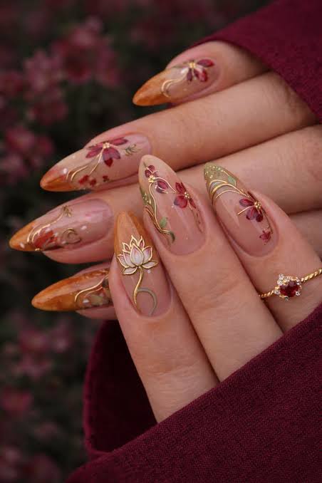 Delicate Floral Gold Line Almonds — Almond Nails 2027