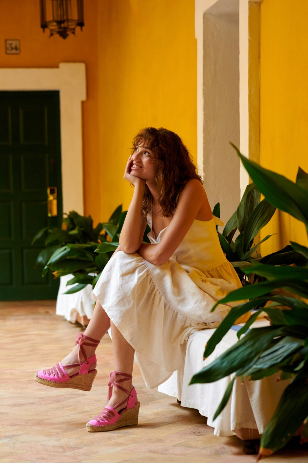 Hot Pink Wedge Espadrilles with a Cream Linen Midi Dress — Vacation Espadrilles Outfits 2027