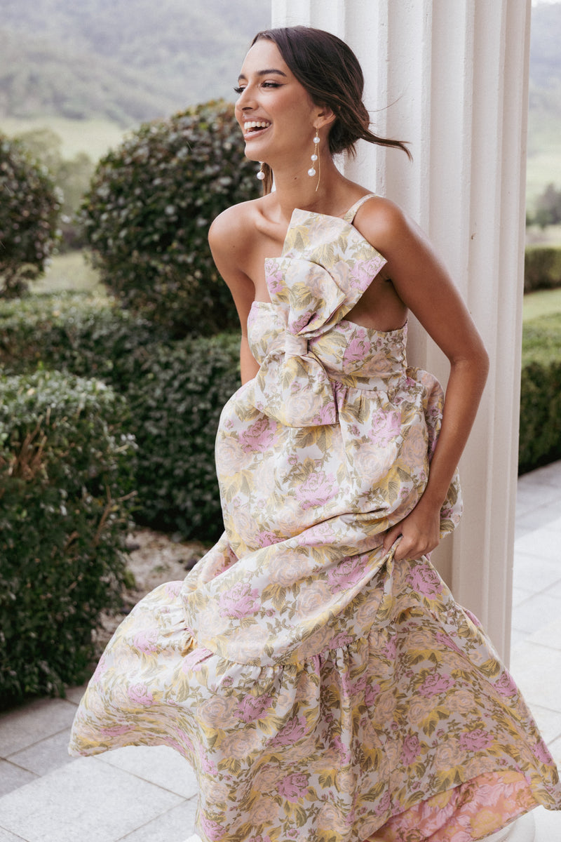 Strapless A-Line Dress with Floral Print and Oversized Bow Strapless A-Line Dress with Floral Print and Oversized Bow — Wedding Guest Dresses 2027