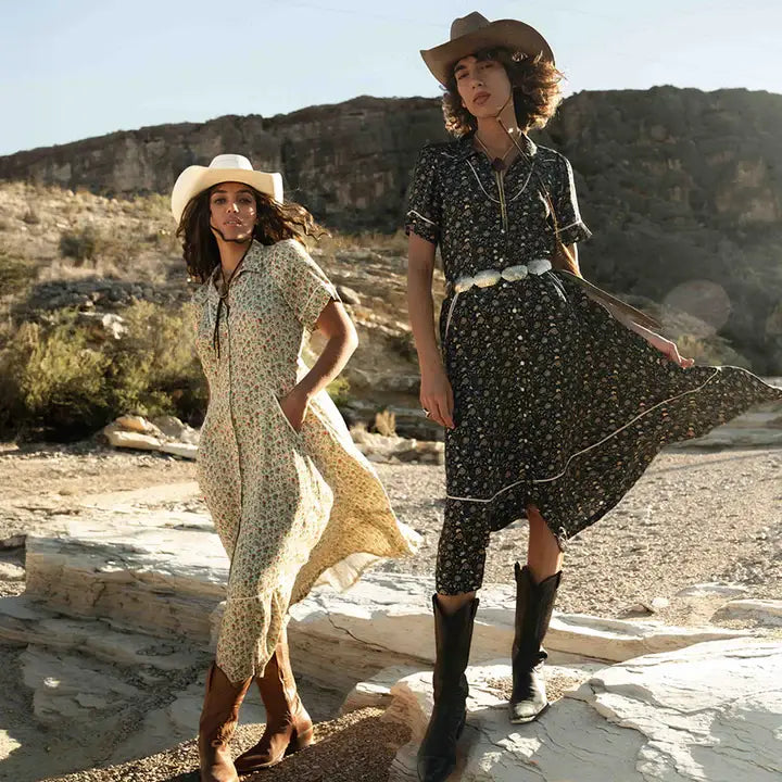 Prairie Chic: Floral Midi Dress with Cowboy Boots and Hat Prairie Chic: Floral Midi Dress with Cowboy Boots and Hat — Western Outfits 2027