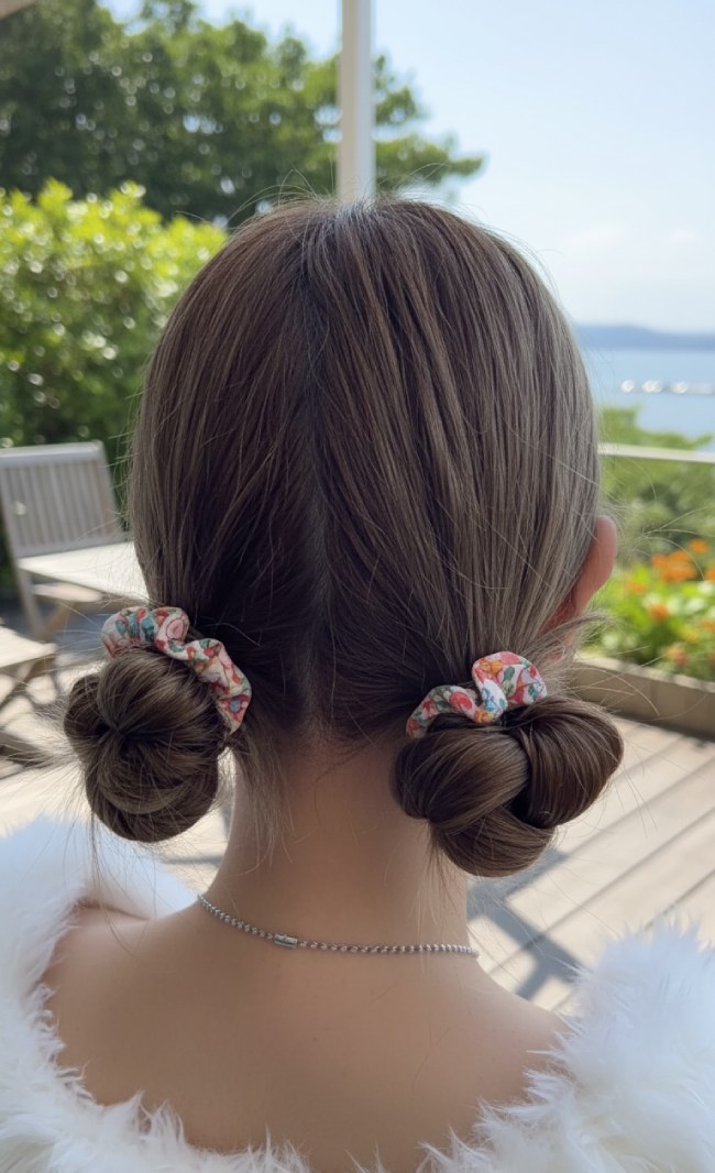 Cute Summer Hairstyles : Double Mini Bun Hairstyles with Scrunchies