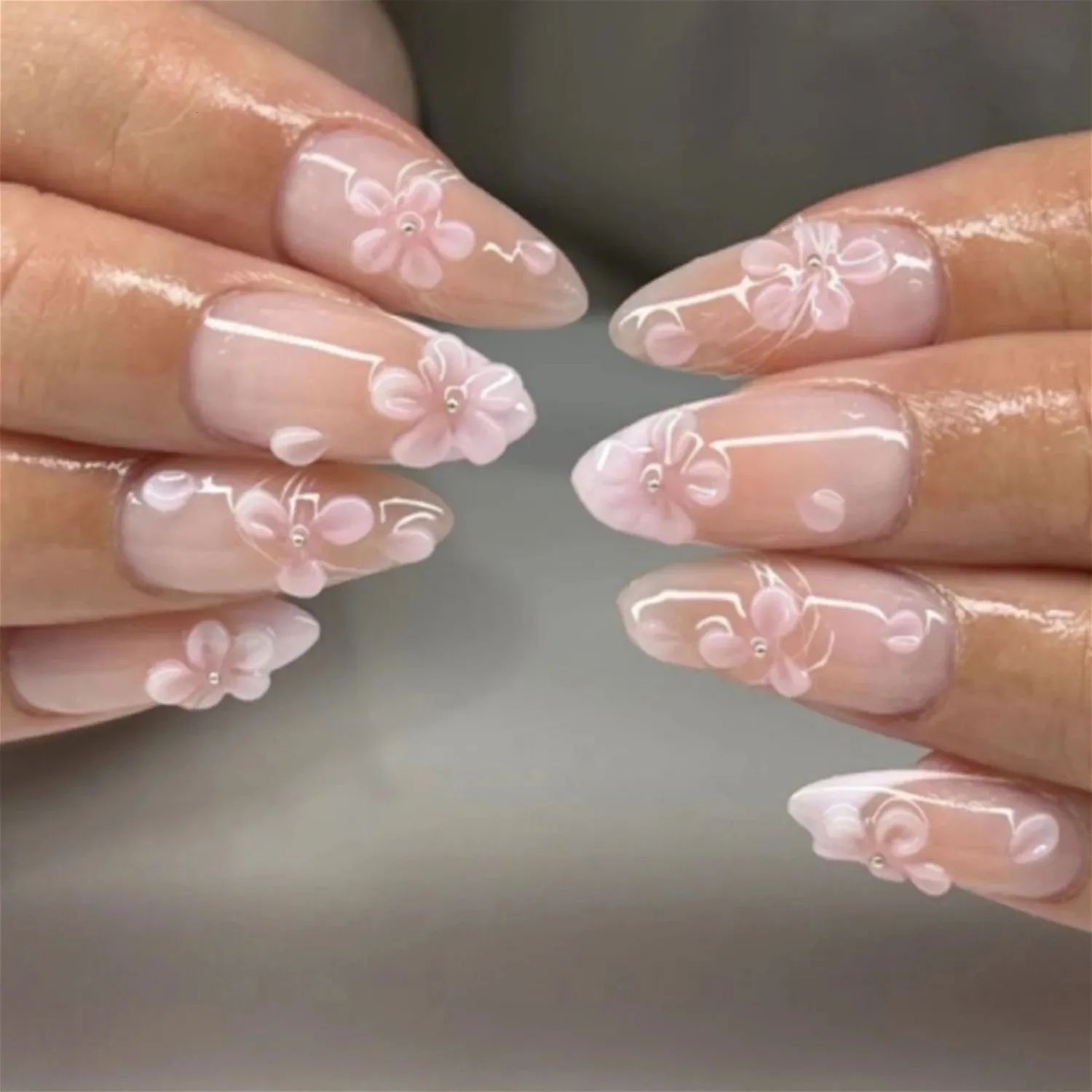 Pink 3D Petal Floral French Almond False Nails, Detachable Press-On Nail Art for Summer Fashion