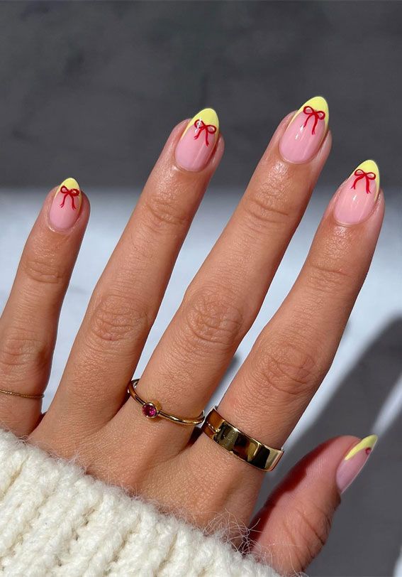 Medium Almond Yellow French With Red Bow Art Medium Almond Yellow French With Red Bow Art — Bow French Tip Nails 2027