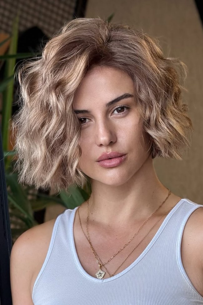 Beige Blonde Bob With Textured Waves — Wavy Bob 2027