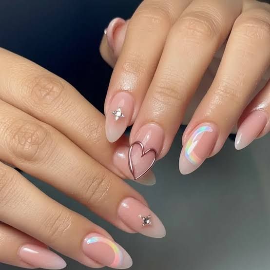 Sheer Nude Almond with Rainbow French Tips Sheer Nude Almond with Rainbow French Tips — Polygel Nails 2027