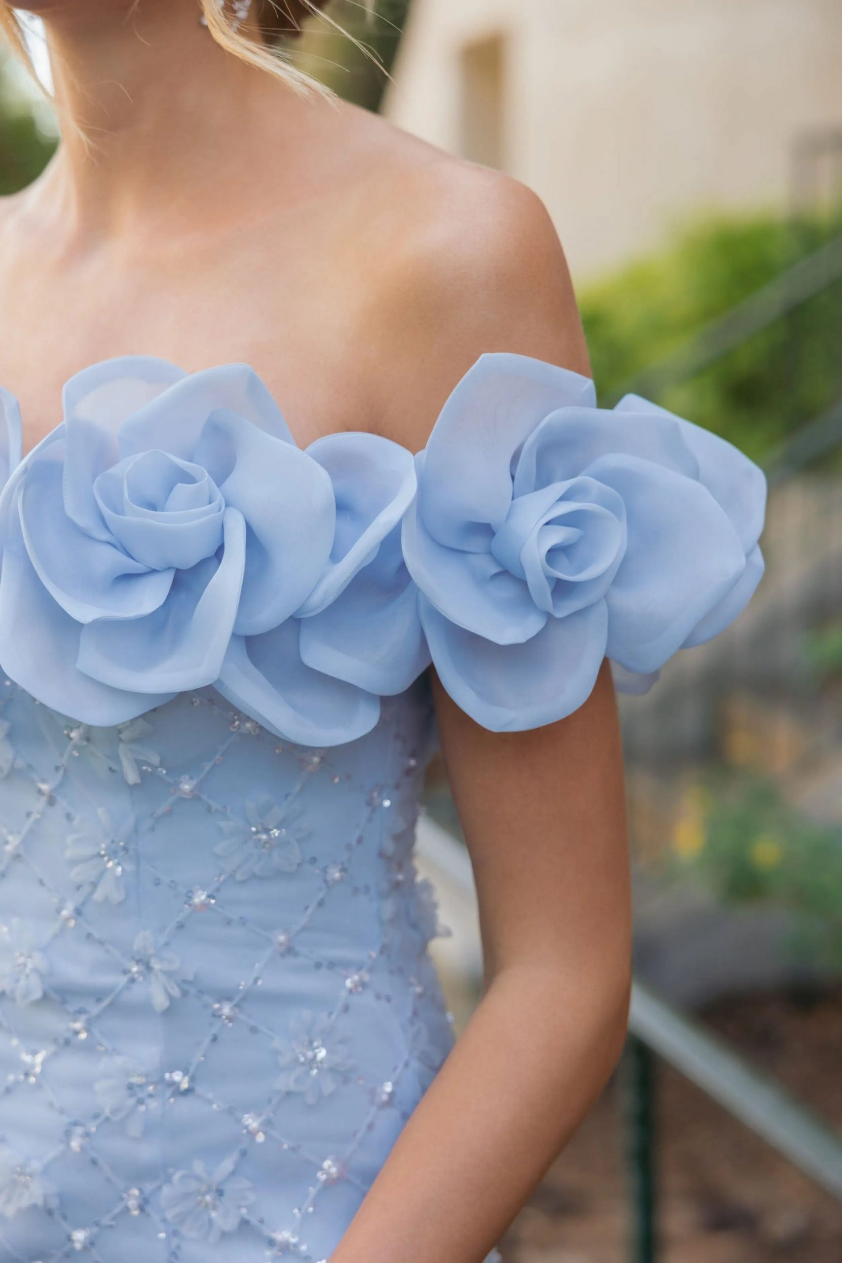 Light Blue Off-the-Shoulder Dress with Dramatic Sleeve and Bodice Florals — 3D Floral Outfits 2027