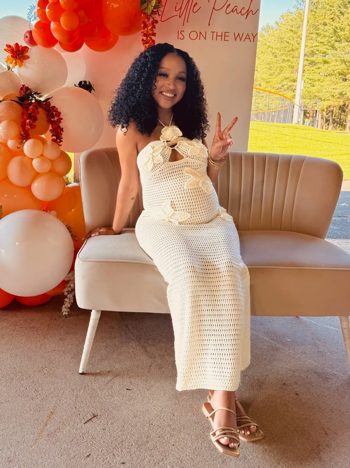 Cream Crocheted Maxi Dress with Floral Embellishments — Baby Shower Outfits 2027