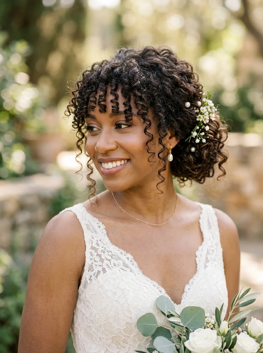 Dark Brown Curly Updo With Curly Bangs Dark Brown Curly Updo With Curly Bangs — Wedding Bangs 2027