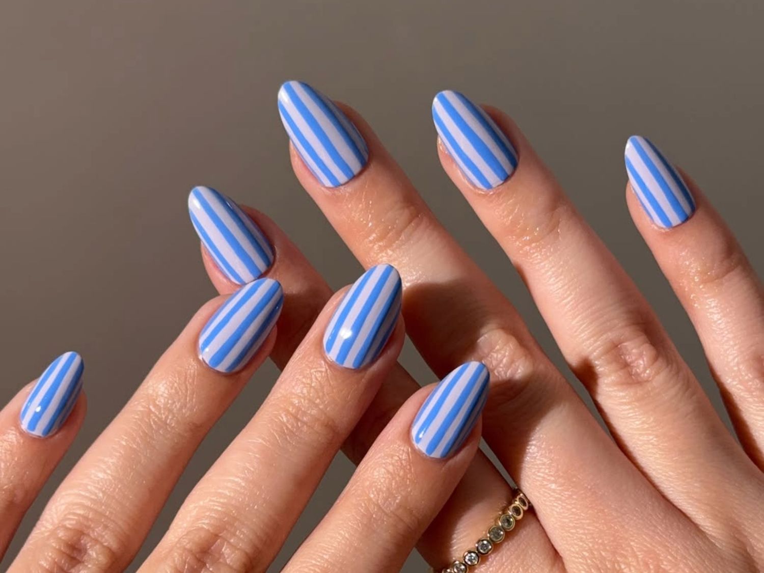 Bright Blue & White Vertical Stripes — Summer Dip Nails 2027