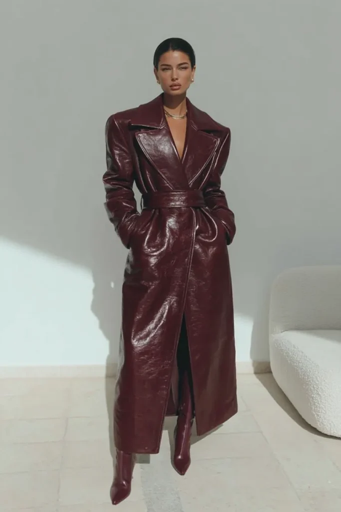 Deep Burgundy Patent Leather Trench Coat for a Dramatic Entrance — Dressy Winter Outfits 2027