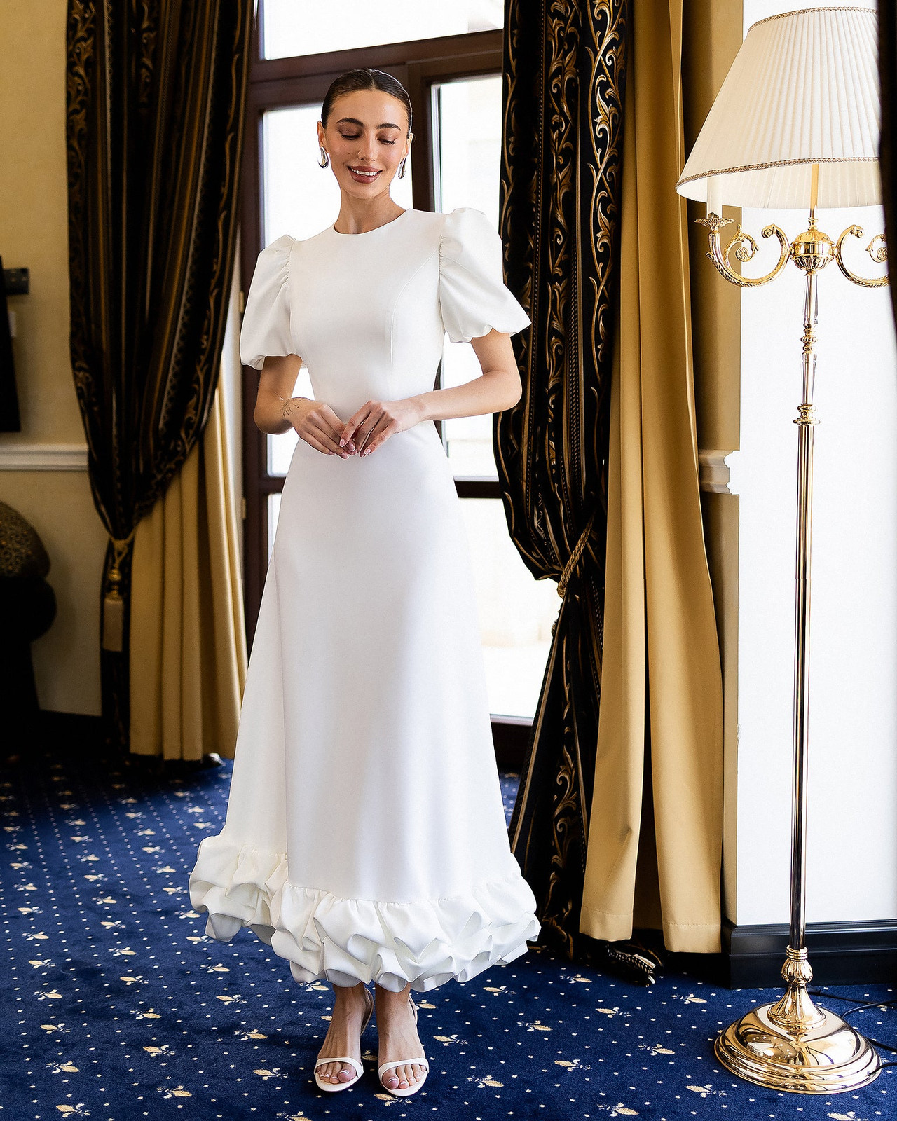 White Midi Dress with Puff Sleeves and Voluminous Ruffle Hem White Midi Dress with Puff Sleeves and Voluminous Ruffle Hem — Ruffle Hem Dress 2027