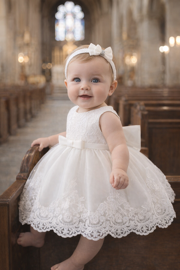 Sleeveless Lace Dress with Full Tulle Skirt and Bow Detail — Christening Outfits 2027