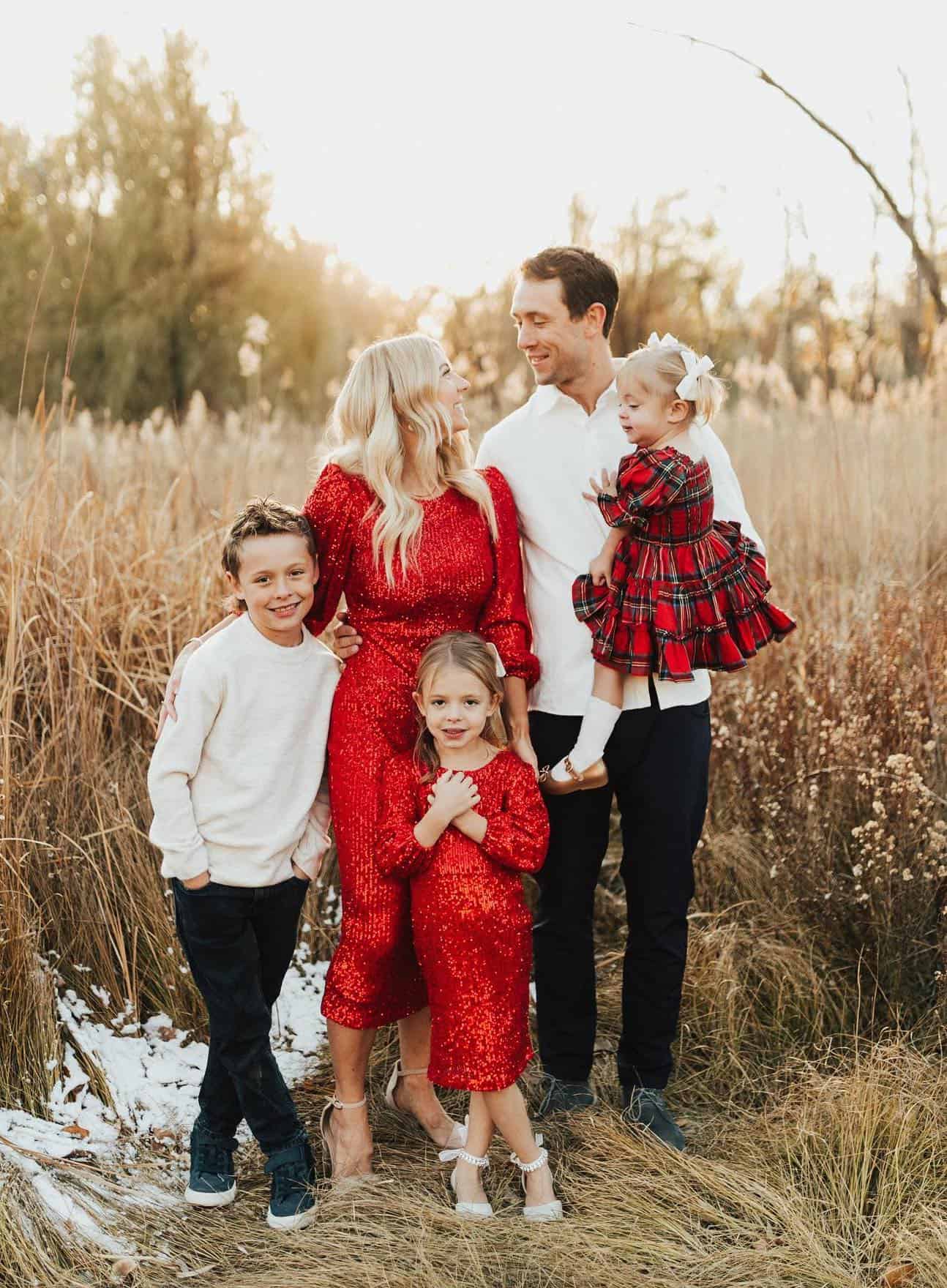 Red Sequin Dresses And Navy Coordinates Red Sequin Dresses And Navy Coordinates — Matching Family Christmas Outfits 2026