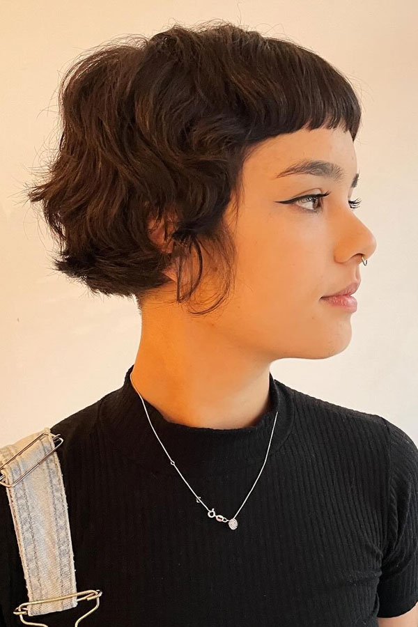 Dark Brown Wavy Fine Mini Bob With Micro Bangs Dark Brown Wavy Fine Mini Bob With Micro Bangs — Mini Bob 2027