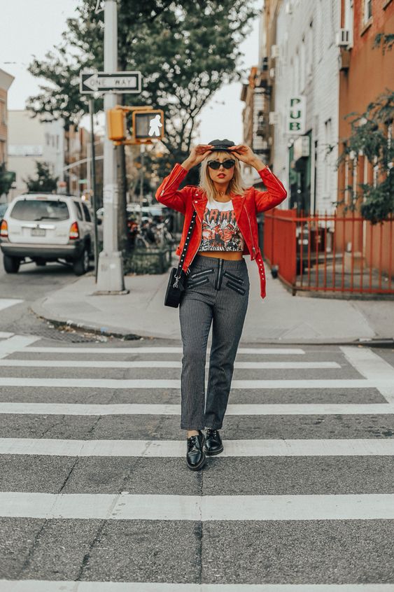 Red Leather Moto Jacket Adds Pop to Pinstripe Pants and Graphic Tee — Concert Outfits 2027