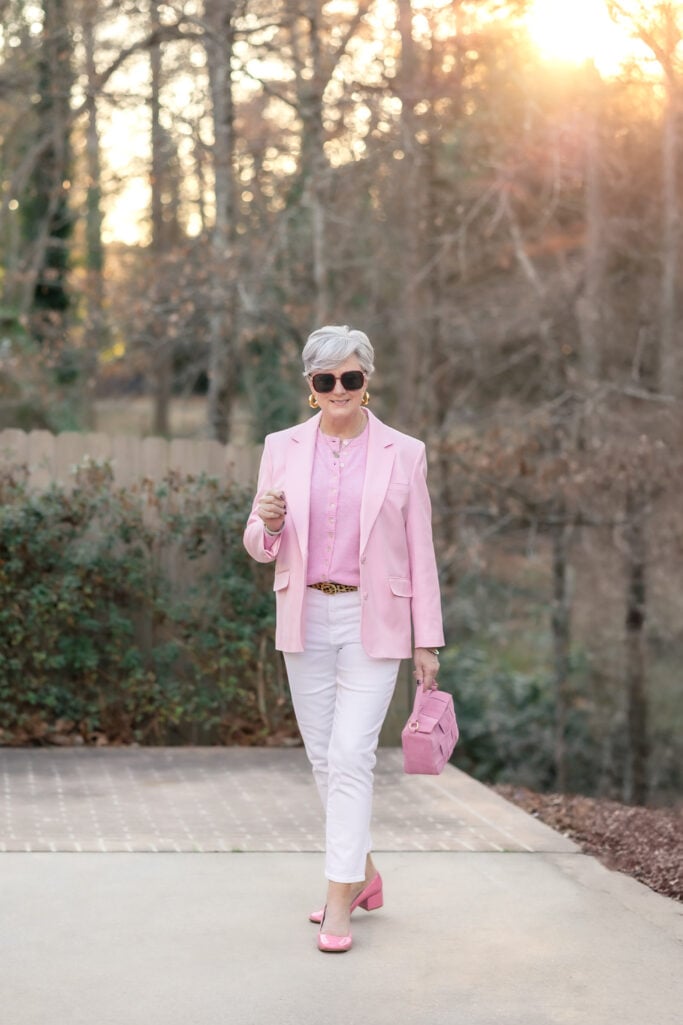 Monochromatic Pink Suit with Tailored Blazer and White Pants Monochromatic Pink Suit with Tailored Blazer and White Pants — Date Night Outfits 2027 for Women Over 50