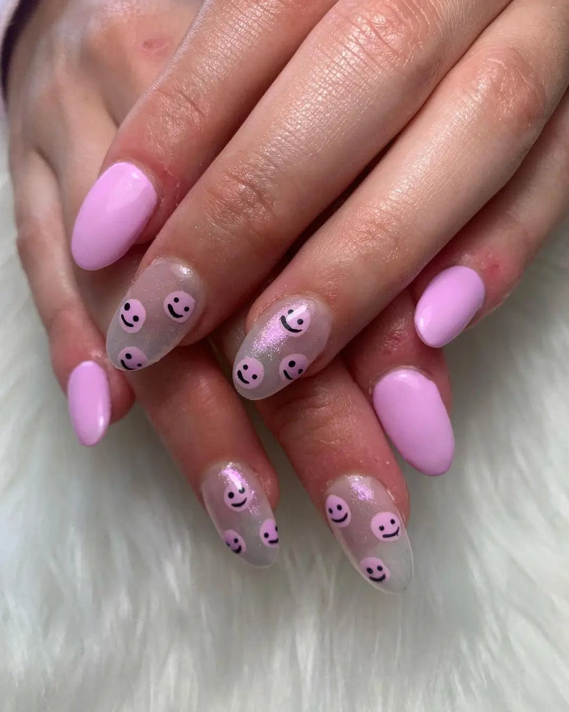 Pink Base With Grey Smiley Faces Visual Idea Pink Base With Grey Smiley Faces Visual Idea — Pink Smiley Face Nails 2027