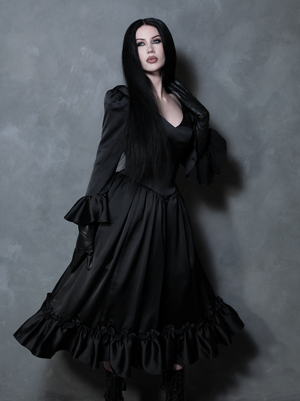 Satin Bustle Dress with Dramatic Ruffled Sleeves and Gloves Satin Bustle Dress with Dramatic Ruffled Sleeves and Gloves — Dark Romantic Outfits 2027