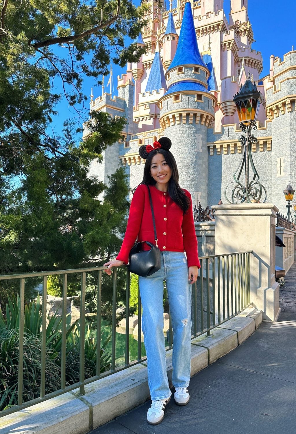 Bold Red Tweed Jacket with Classic Denim — Disney Winter Outfits 2027
