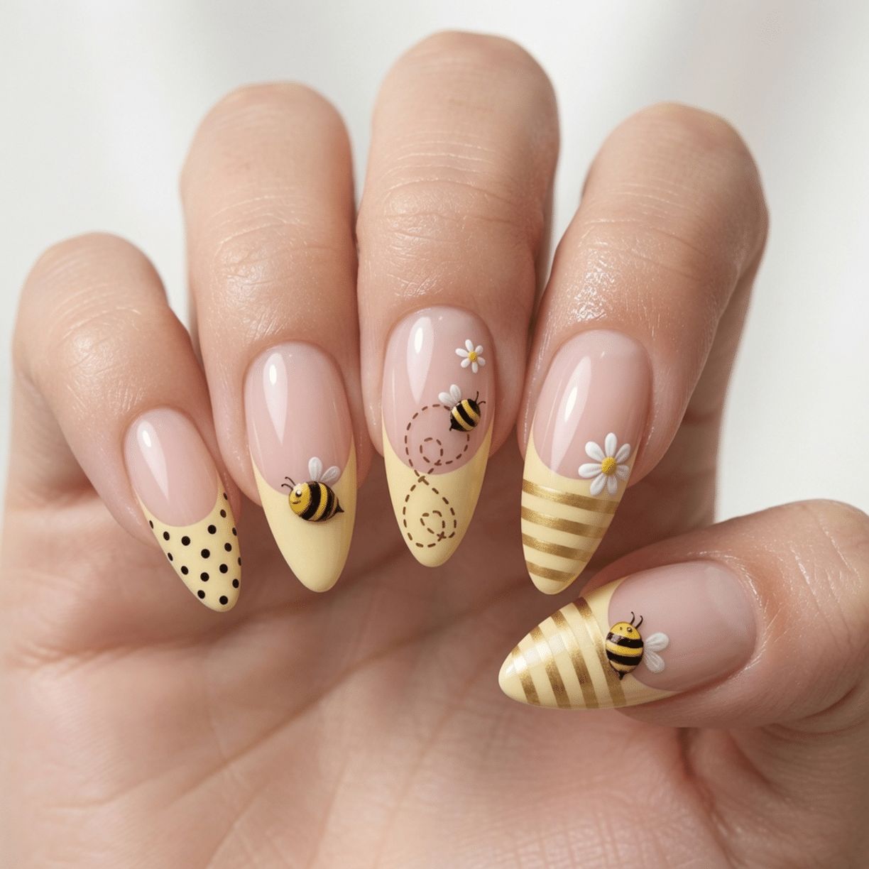 Sheer Nude Yellow French with Mixed Art Sheer Nude Yellow French with Mixed Art — Bee Nails 2027