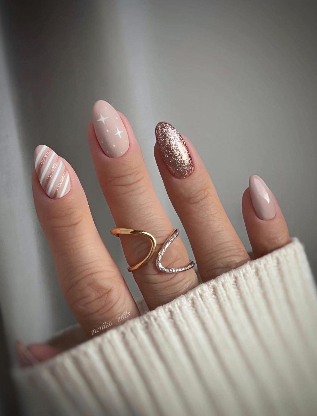 Pale Pink Rose Gold Glitter Almond Nails Pale Pink Rose Gold Glitter Almond Nails — Neutral Christmas Nails 2026