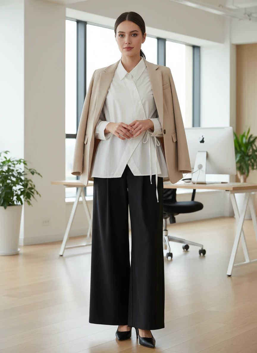 Asymmetrical Wrap Blouse with Draped Blazer for a Chic Office Look Asymmetrical Wrap Blouse with Draped Blazer for a Chic Office Look — Tech Office Outfits 2027