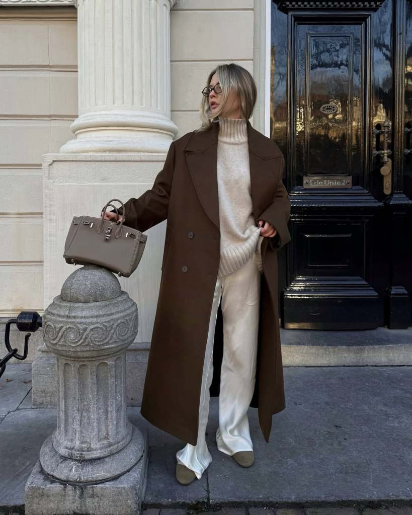 Oversized Brown Wool Coat with Cream Knitwear Oversized Brown Wool Coat with Cream Knitwear — Winter Outfits 2027 with Long Coat