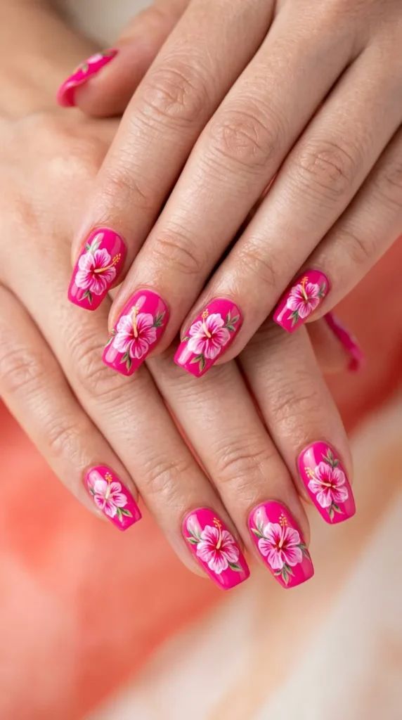 Vibrant Pink Base Hibiscus Short Square Vibrant Pink Base Hibiscus Short Square — Hibiscus Flower Nails 2027
