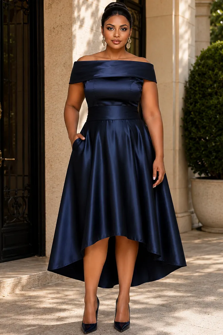 Navy Blue Off-the-Shoulder Satin Midi Dress Navy Blue Off-the-Shoulder Satin Midi Dress — Plus Size Wedding Guest Outfits 2027
