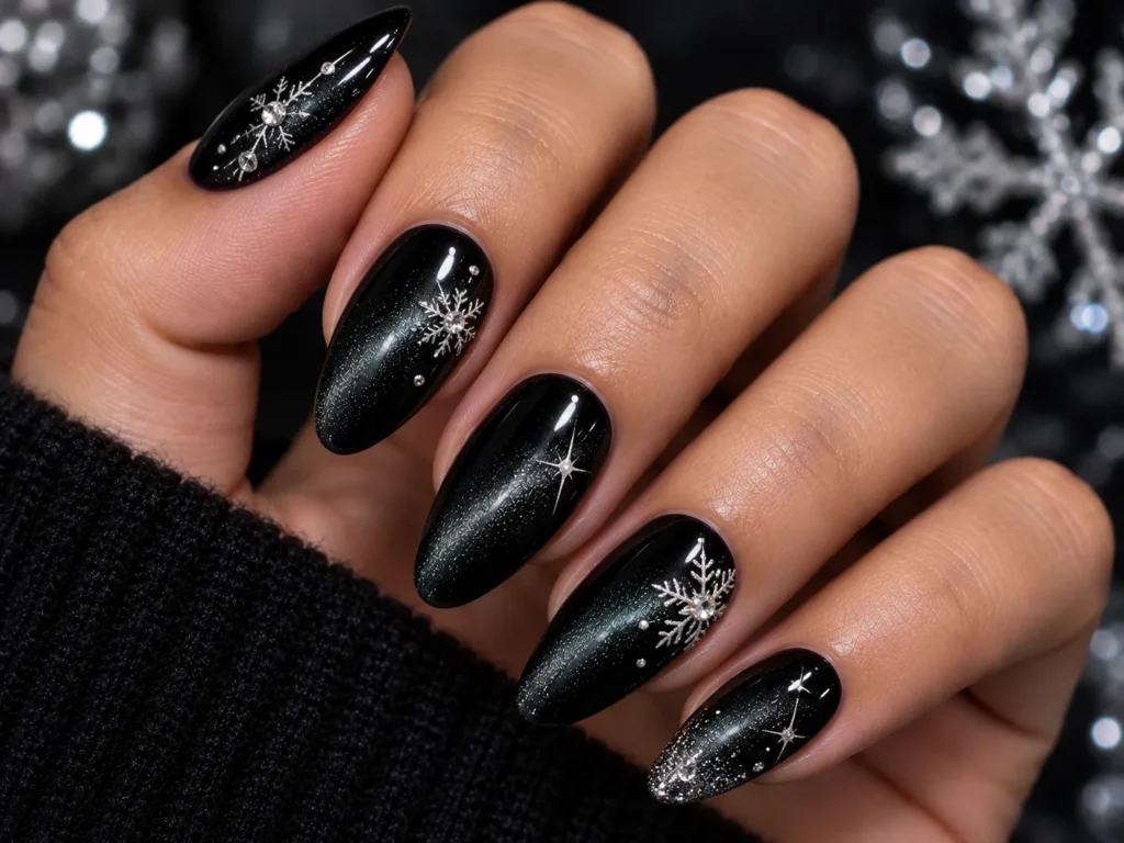 Black Cat-Eye Snowflake Shimmer Nails Black Cat-Eye Snowflake Shimmer Nails — Winter Black Nails 2027