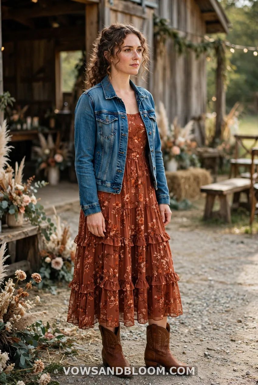 Rust Orange Floral Dress Meets Denim Jacket Rust Orange Floral Dress Meets Denim Jacket — Wedding Guest Outfits Barn 2027