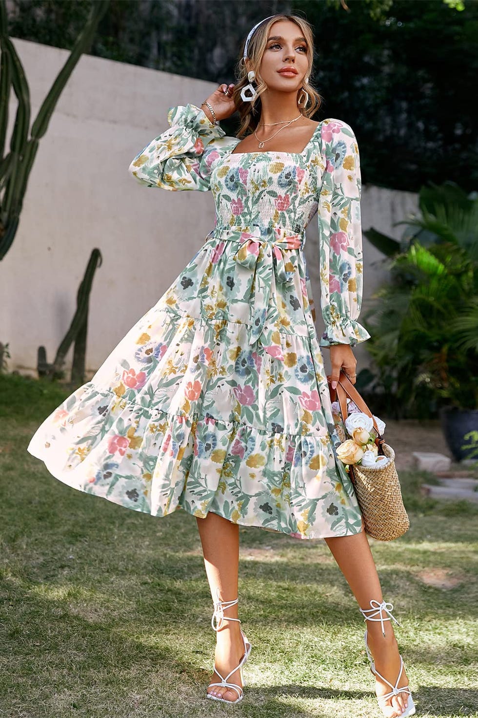 Multi-Color Floral Midi Dress with Tiered Skirt — Easter Dresses 2027